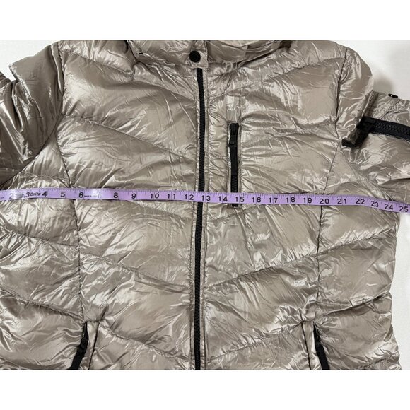 Y2K Andrew Marc XXL Metallic Hooded Down Puffer Coat 650 Fill Taupe Minimalist - Picture 12 of 14